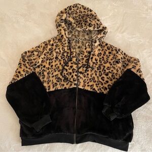 Cato Black & Animal Print Heavy Soft Full Zip Hoodie Women’s Size XL